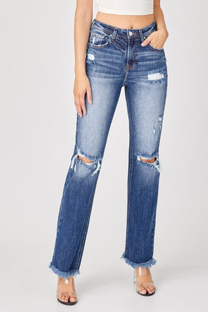 Risen High Rise Raw Hem Distressed Straight Leg Jeans