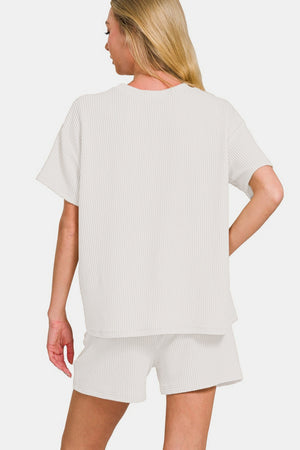 Zenana Rib Short Sleeve T-Shirt and Shorts Set Off White