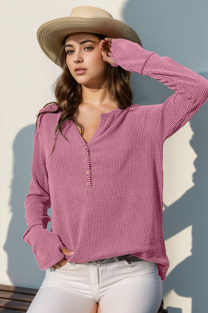 Ribbed Notched Thumbhole Long Sleeve Top - 8 colors