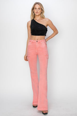 RISEN High Rise Side Slit Cargo Bootcut Jeans Flamingo