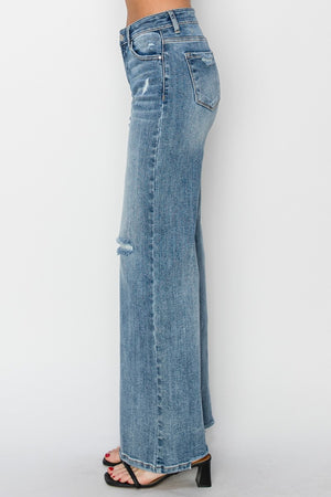 RISEN High Waist Vintage Wash Distressed Wide Leg Jeans