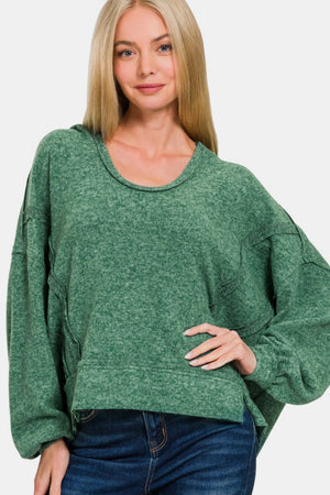 Zenana Brushed Hacci Exposed Seam Hoodie Dk Green