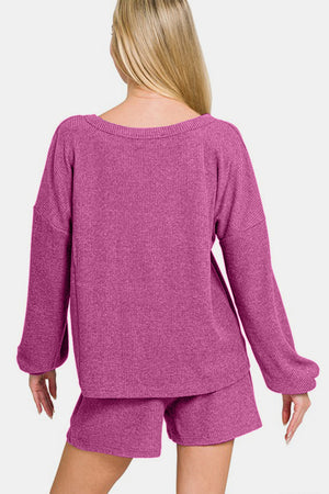 Zenana V-Neck Long Sleeve Ribbed Top and Shorts Set Violet