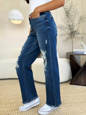 Judy Blue Mid Rise Distressed Dad Straight Leg Jeans