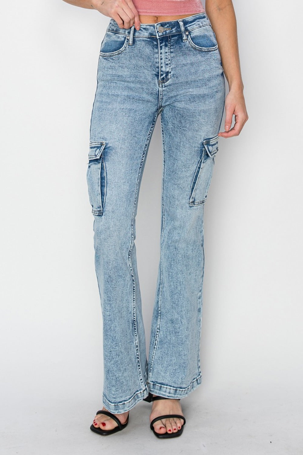 RISEN High Rise Cargo Flare Acid Wash Jeans