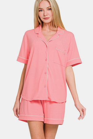 Zenana Button Down Short Sleeve Top and Shorts Lounge Set Pink