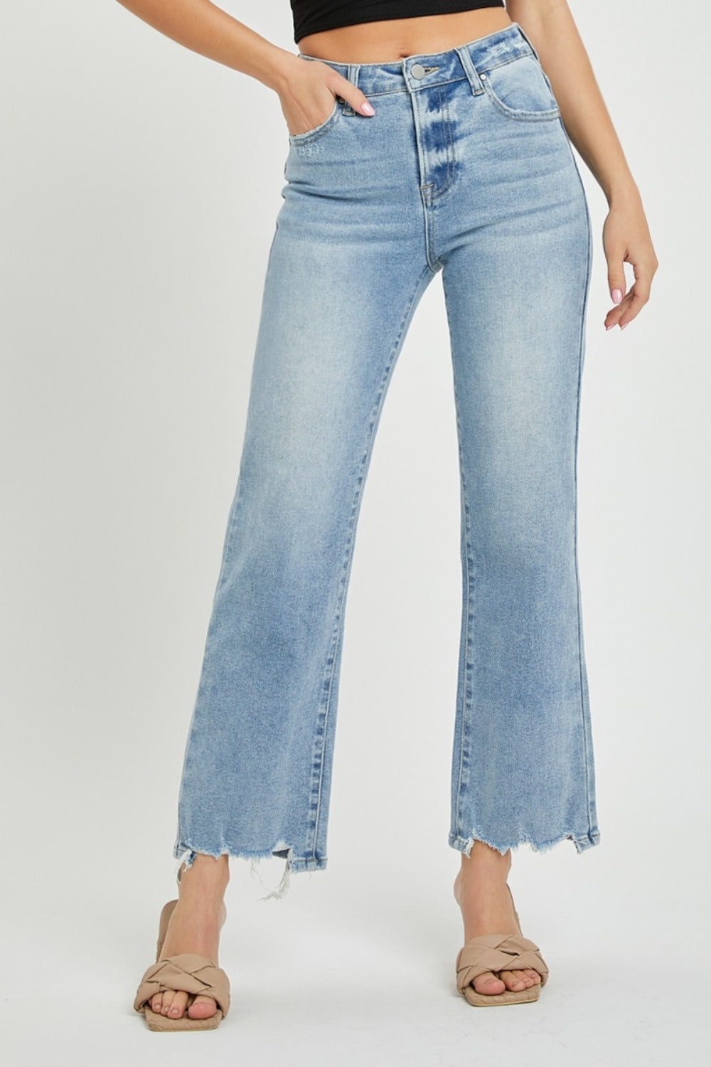 RISEN High Rise Straight Leg Distressed Hem Cropped Jeans