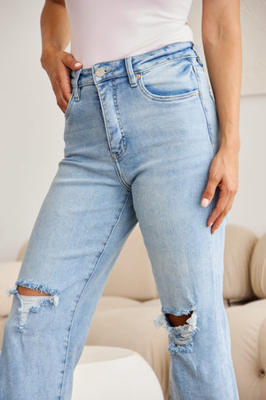 RFM Tummy Control High Waist Raw Hem Distressed Jeans Light Denim