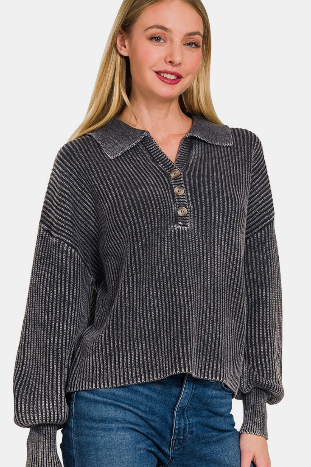 Zenana Washed Half Button Long Sleeve Sweater Black