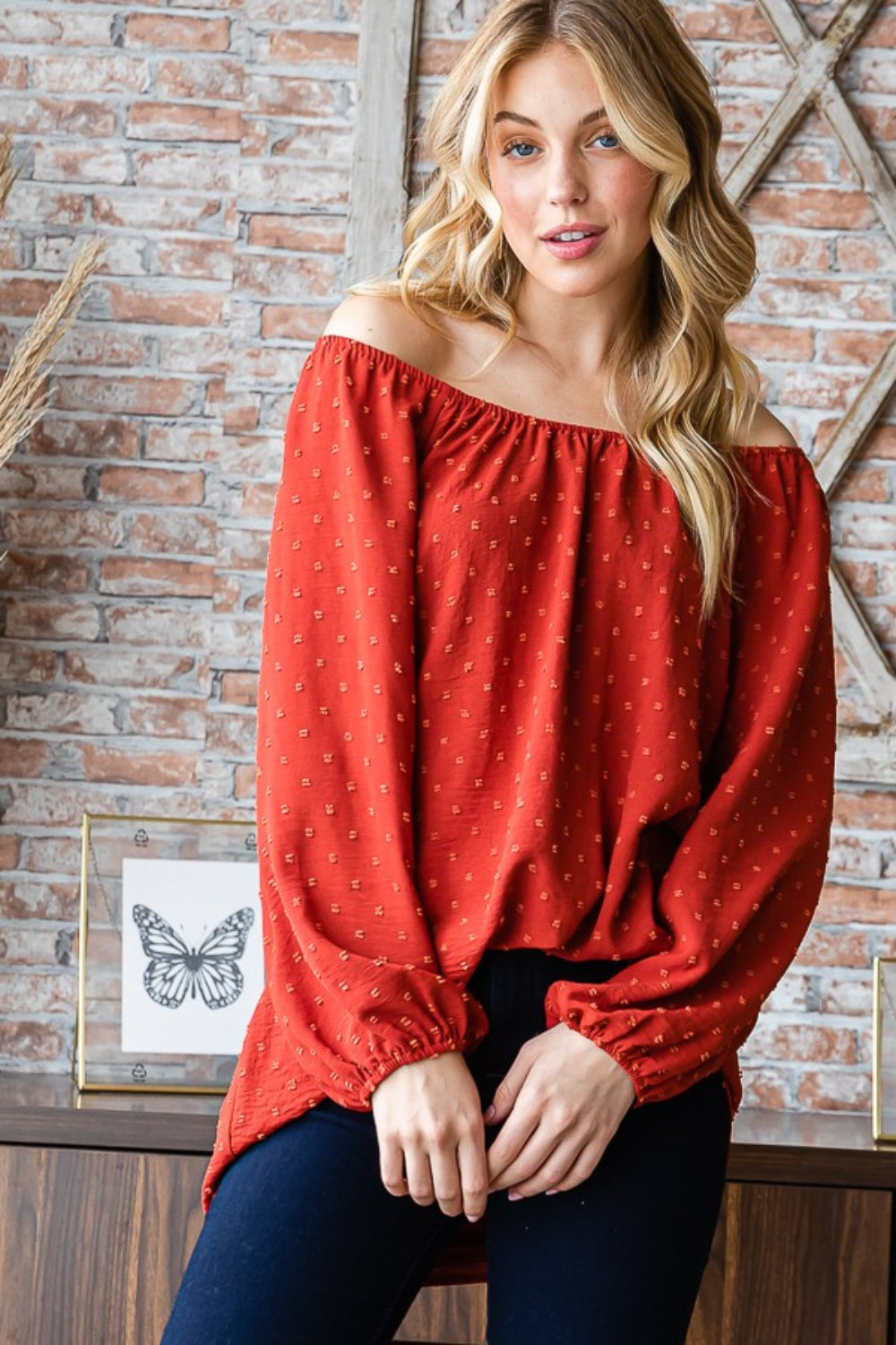 Rust Swiss Dot Off Shoulder Top