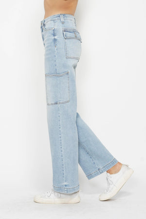 Judy Blue High Waist Light Wash Straight Leg Cargo Jeans