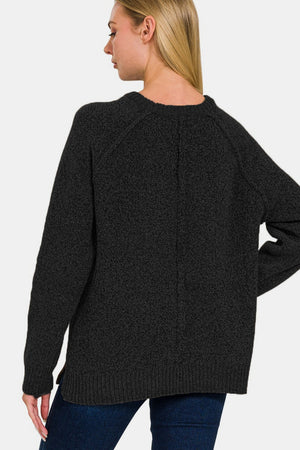 Zenana Side Slit Raglan Sleeve Sweater Black