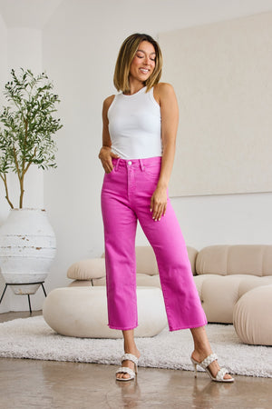 RFM Tummy Control High Waist Raw Hem Wide Leg Crop Jeans in Pink Rouge