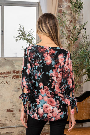 Black & Wine Floral V-Neck Top with Sleeve Knot