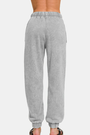 Zenana Acid Wash Fleece Drawstring Sweatpants with Pockets Sleet