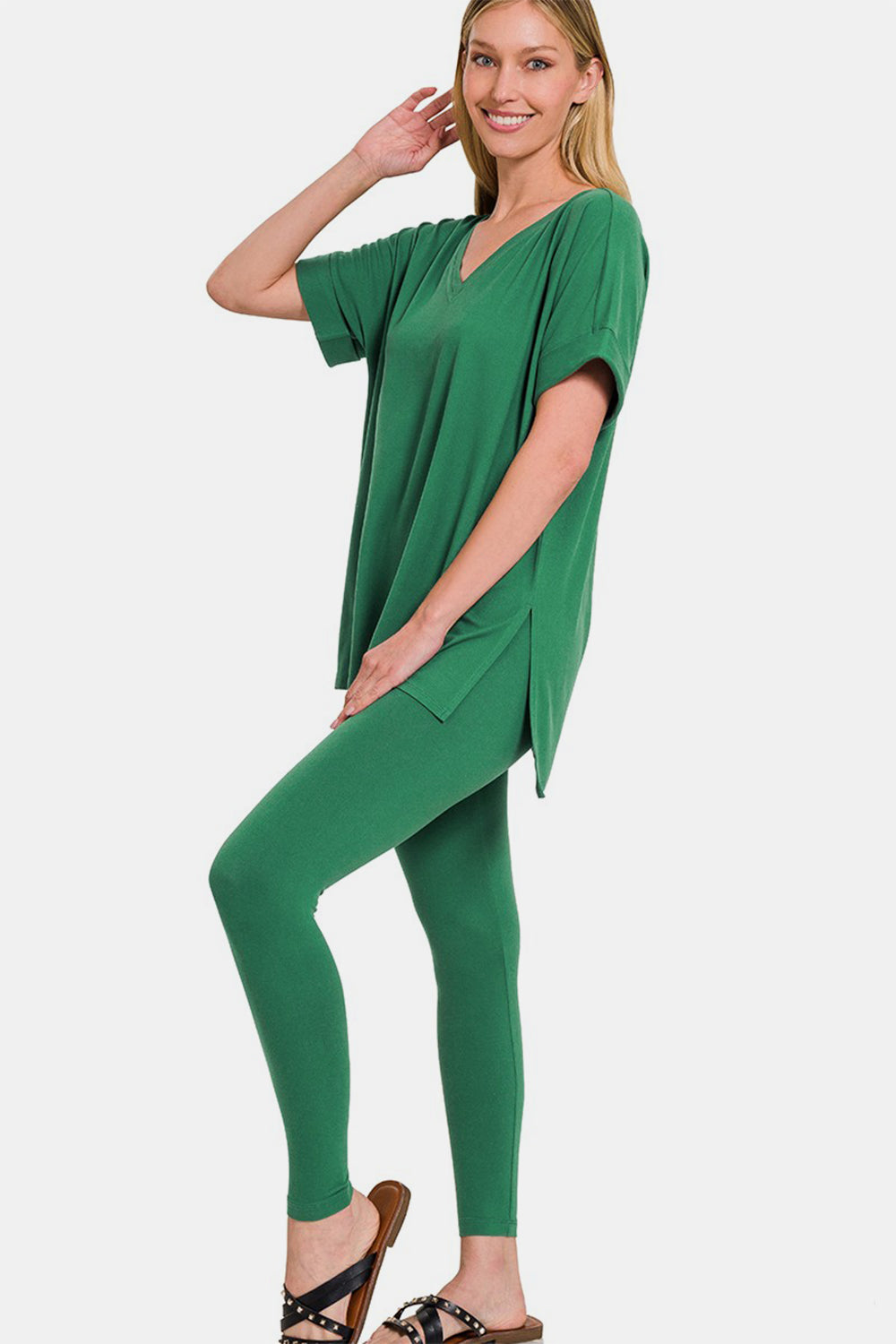 Zenana Buttery Soft V-Neck Rolled Short Sleeve T-Shirt and Leggings Lounge Set Forest