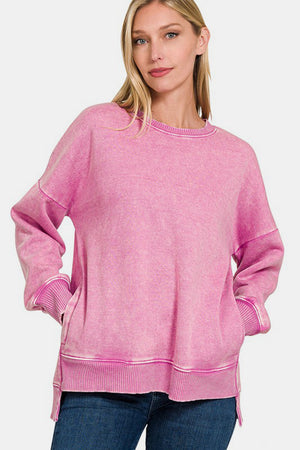 Zenana High Low Acid Wash Fleece Sweatshirt Dusty Pink