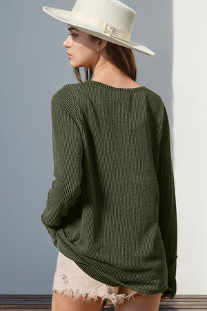 Ribbed Notched Thumbhole Long Sleeve Top - 8 colors