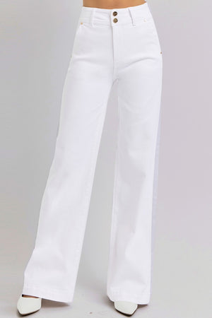 RISEN High Waist Tummy Control Double Button Wide Leg Trouser Jeans White