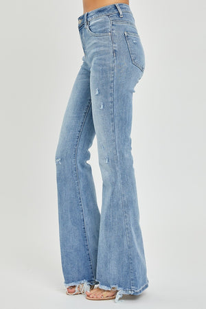 Risen High Rise Frayed Hem Light Wash Flare Jeans