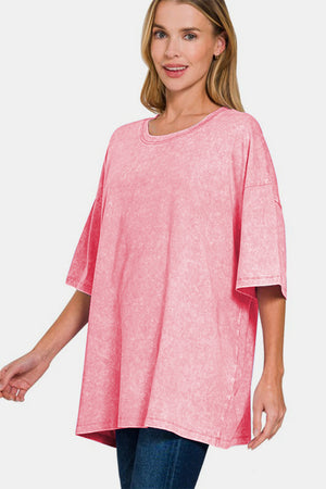 Zenana Washed Round Neck Drop Shoulder Oversized T-Shirt Pink