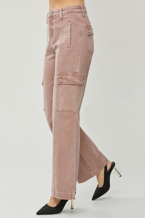 RISEN High Rise Wide Leg Cargo Jeans in Mauve