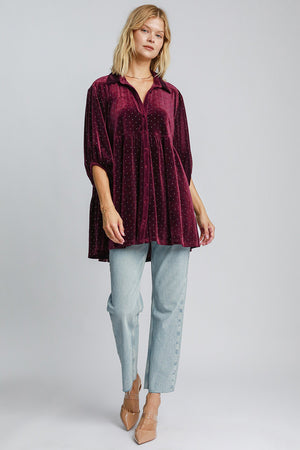 Polka Dot Button Up Half Sleeve Velvet Shirt Burgundy