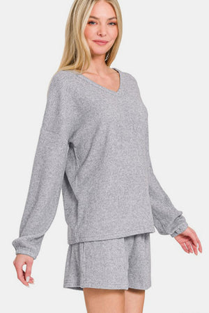 Zenana V-Neck Long Sleeve Ribbed Top and Shorts Set Gray