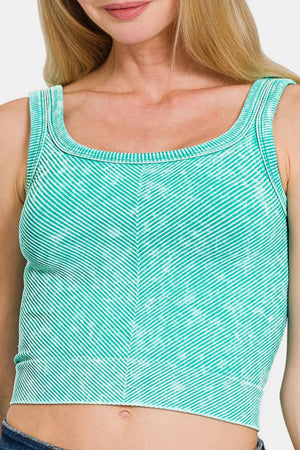 Zenana Ribbed Scoop Mineral Washed Neck Wide Strap Tank Turquoise