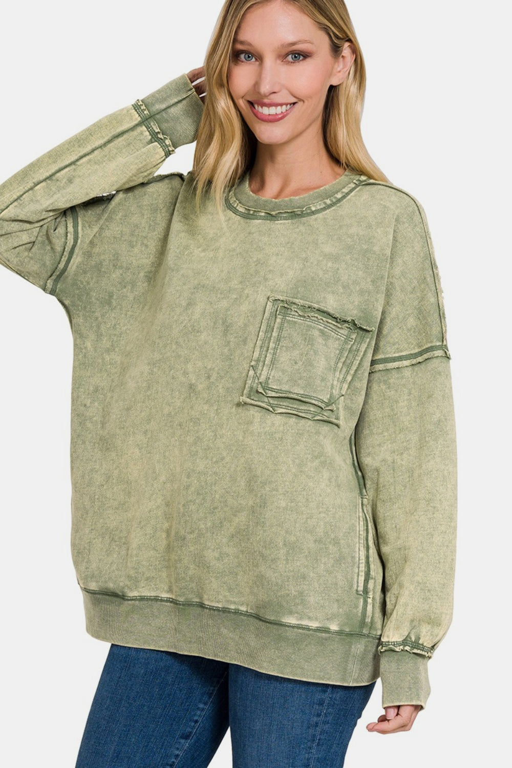 Zenana Exposed Seam Round Neck Dropped Shoulder Sweatshirt Lt Olive