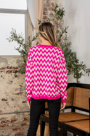 Wave Stripe Contrast Long Sleeve Sweater Fuchsia Ivory