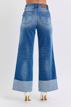 Judy Blue High Waist Distressed Retro Wide Leg Cuffed Raw Hem Jeans