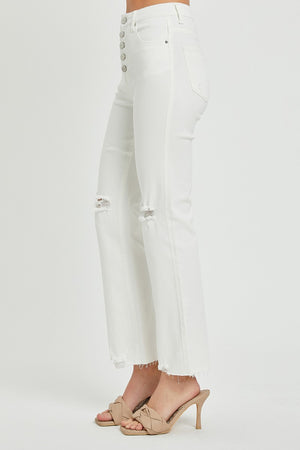 RISEN High Rise Button Fly Straight Leg Ankle Jeans in White