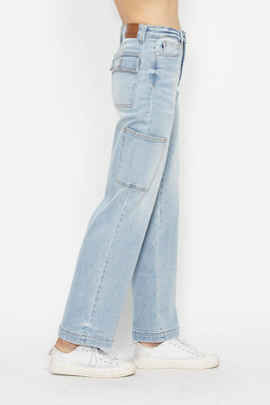 Judy Blue High Waist Light Wash Straight Leg Cargo Jeans