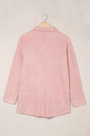 Plush Button Down Pocketed Shirt Shacket - Pink