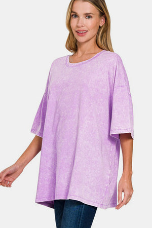 Zenana Washed Round Neck Drop Shoulder Oversized T-Shirt Pink Purple