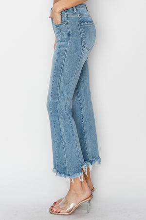 RISEN High Rise Non Distressed Frayed Hem Flare Cropped Jeans