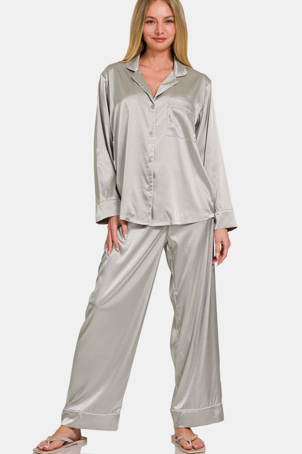 Zenana Satin Long Sleeve Shirt and Pants Pajama Set Silver