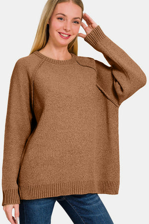 Zenana Side Slit Raglan Sleeve Sweater Camel