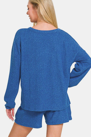 Zenana V-Neck Long Sleeve Ribbed Top and Shorts Set Royal Blue