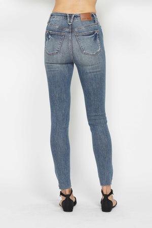 Judy Blue High Rise Tummy Control Vintage Wash Distressed Hem Skinny Jeans