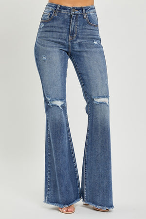 RISEN High Waist Distressed Fray Hem Flare Jeans