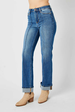 Judy Blue High Waist Front Seam Detail Cuffed Straight Leg Jeans