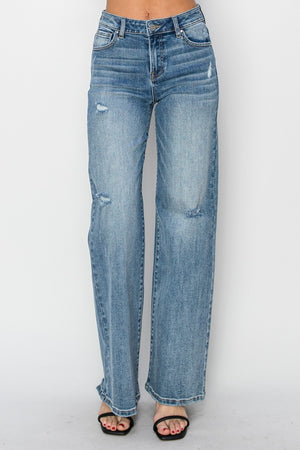 RISEN High Waist Vintage Wash Distressed Wide Leg Jeans