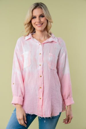 Pink Long Sleeve Tie Dye Cotton Gauze Shirt