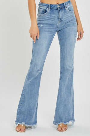 Risen High Rise Frayed Hem Light Wash Flare Jeans