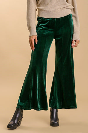 High Rise Elastic Waist Velvet Flare Pants in Dark Green