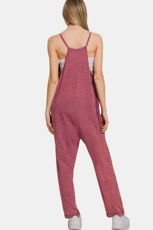 Zenana Washed Spaghetti Straps Overalls with Pockets Dk Burgundy