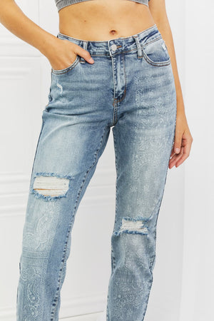 Judy Blue Mid Rise Destroyed Paisley Print Boyfriend Jeans