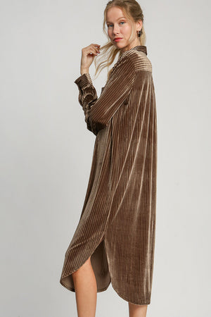 Texture Curved Hem Button Down Velvet Shirt Dress Brown